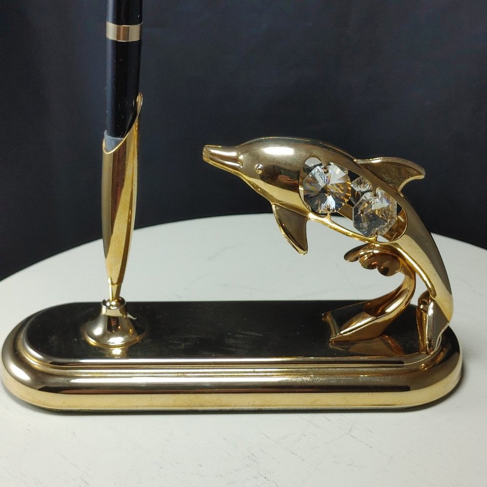 Vintage Dolphin Desk Pen Holder by Crystal Delights Austrian Crystal